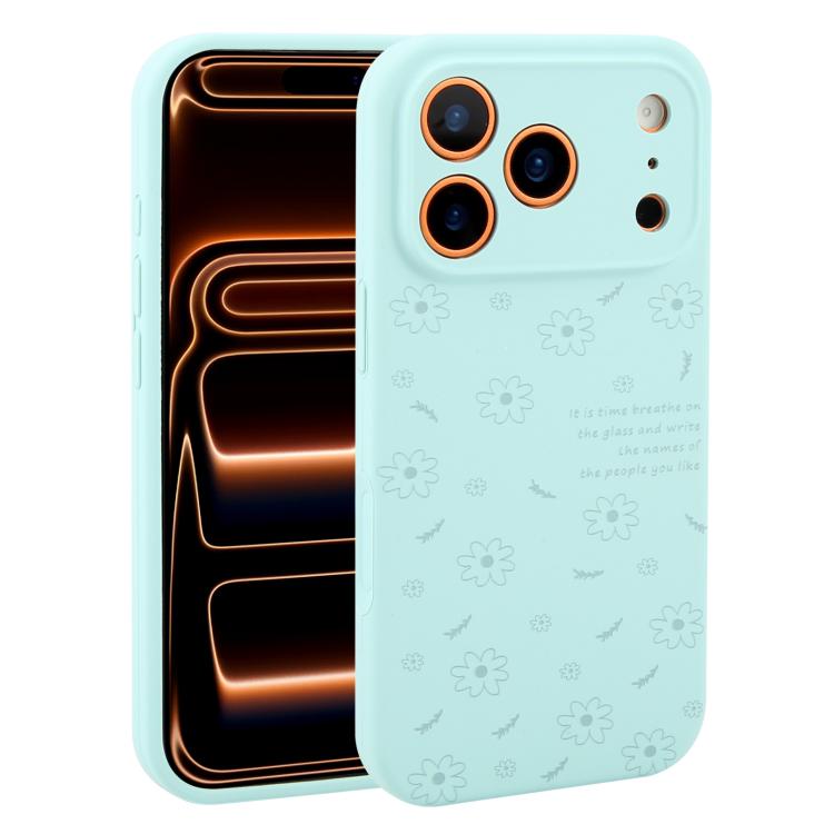 For iPhone 17 Pro Precision Hole Daisy Floral Printed Liquid Silicone Phone Case(Light Cyan)