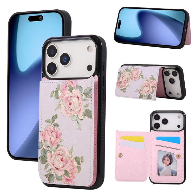 For iPhone 17 Pro Printed Double Buckle RFID Anti-theft Phone Case(Rose)