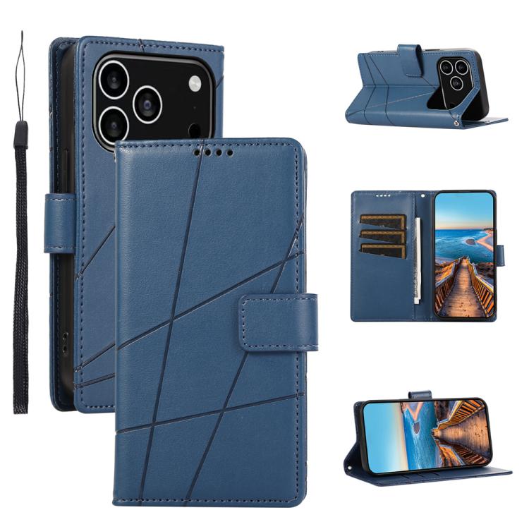 For iPhone 17 Pro PU Genuine Leather Texture Embossed Line Phone Case(Blue)