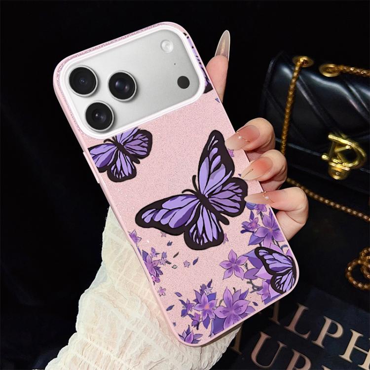 For iPhone 17 Pro Purple Butterflies Pattern IMD Glitter PC Hybrid TPU Phone Case(Pink)