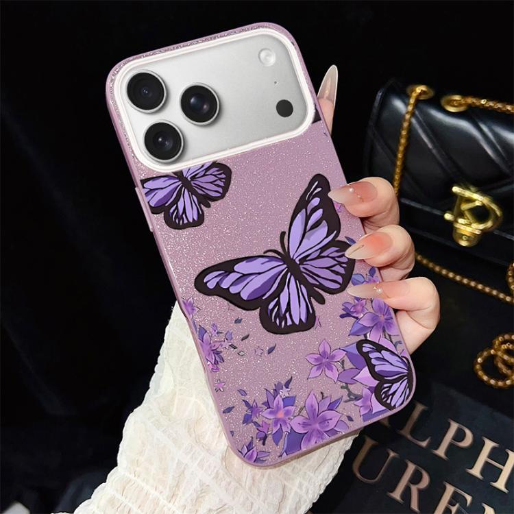 For iPhone 17 Pro Purple Butterflies Pattern IMD Glitter PC Hybrid TPU Phone Case(Purple)