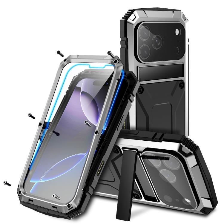 For iPhone 17 Pro R-JUST Metal + Silicone + Tempered Glass Life Waterproof Phone Case with Holder(Silver)