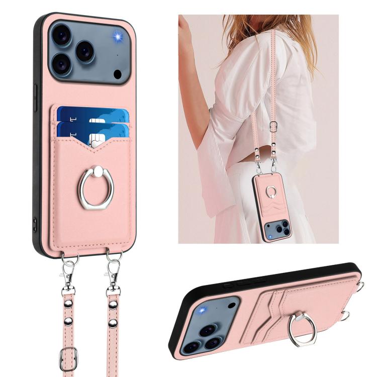 For iPhone 17 Pro R20 Crossbody Rope Ring Card Holder Phone Case(Pink)