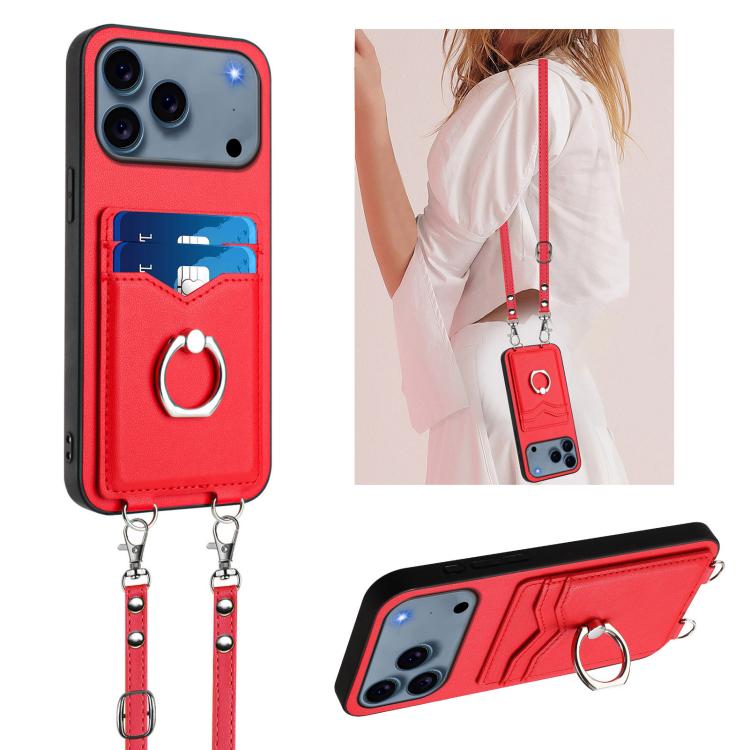 For iPhone 17 Pro R20 Crossbody Rope Ring Card Holder Phone Case(Red)