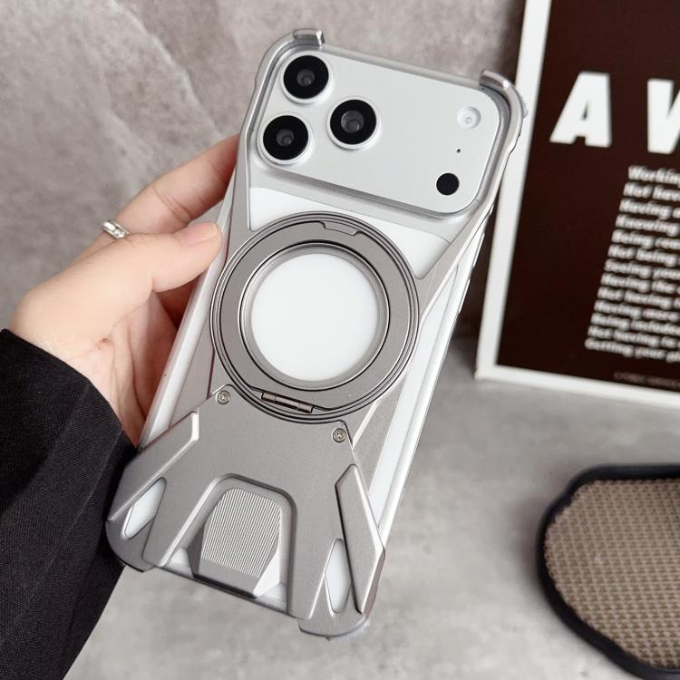 For iPhone 17 Pro Racing Car Metal Frameless 360 Rotation Holder Magnetic Phone Case(Titanium Color)