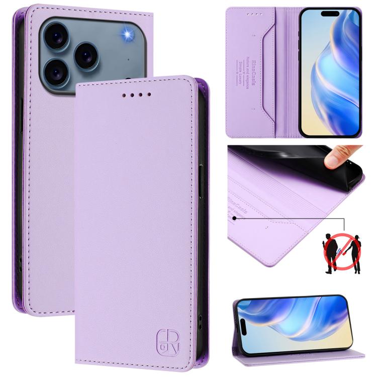 For iPhone 17 Pro RC01 Dual-Folded Magnetic Suction RFID Leather Phone Case(Light Purple)