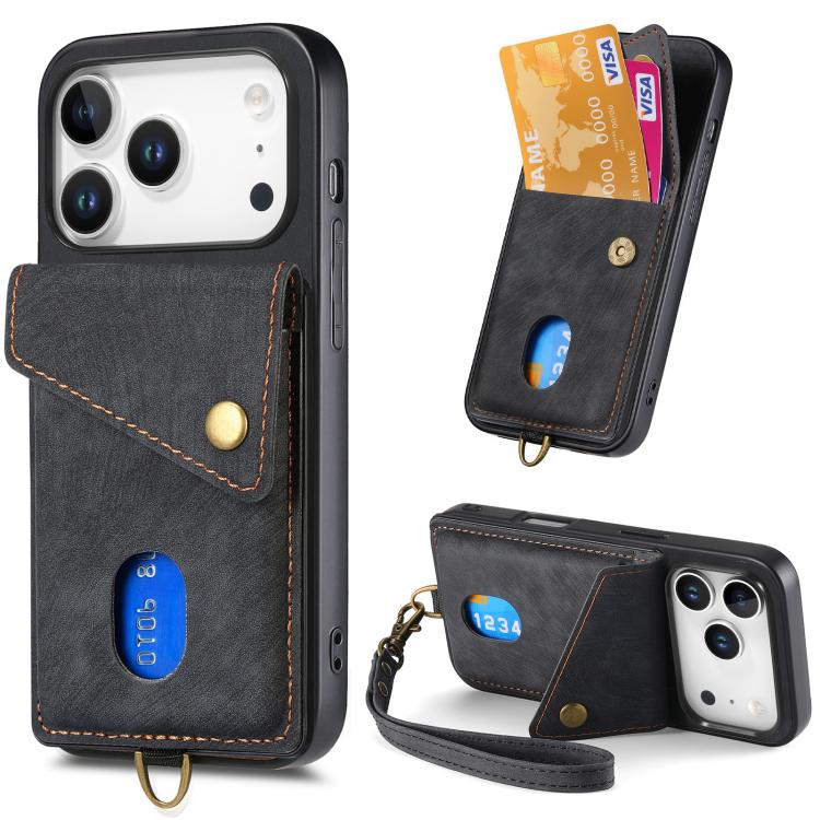 For iPhone 17 Pro Retro Card Wallet Fold Leather Phone Case with Strap(Black)