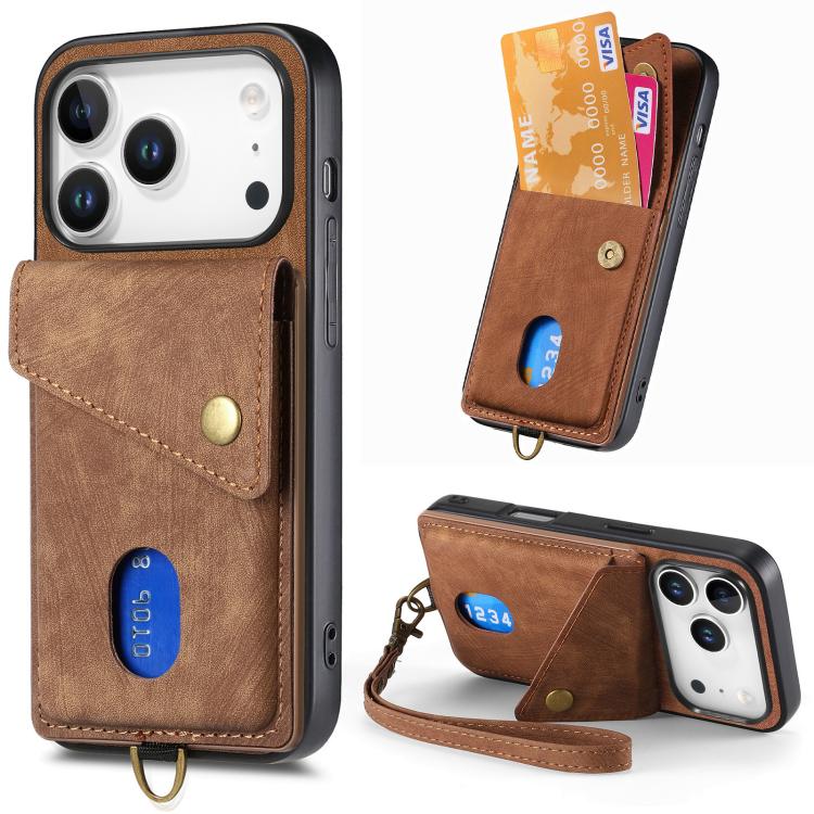 For iPhone 17 Pro Retro Card Wallet Fold Leather Phone Case with Strap(Brown)