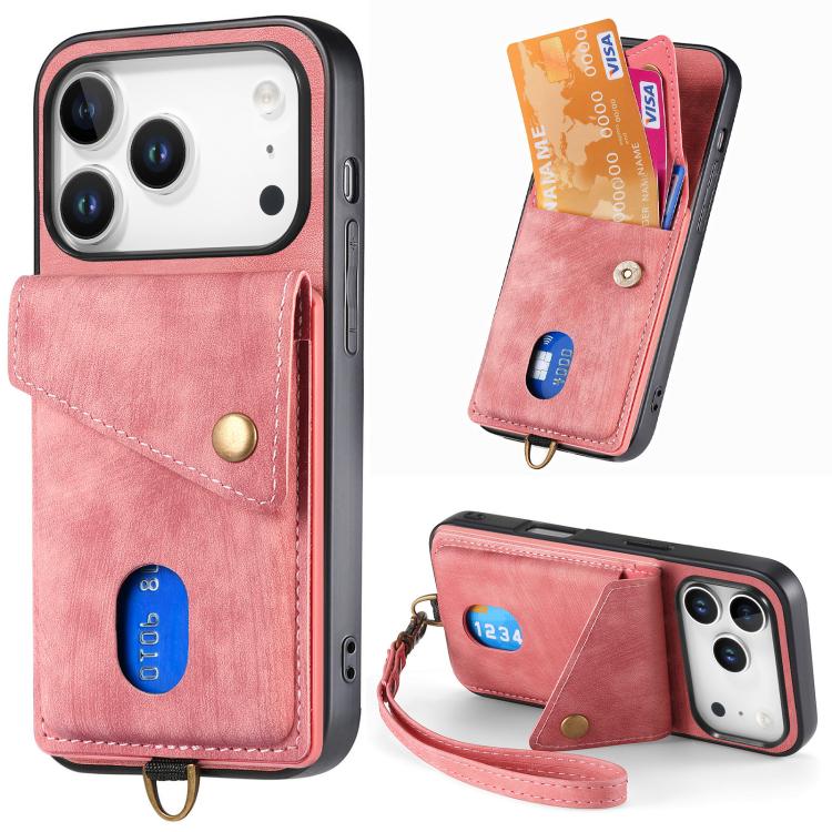 For iPhone 17 Pro Retro Card Wallet Fold Leather Phone Case with Strap(Pink)