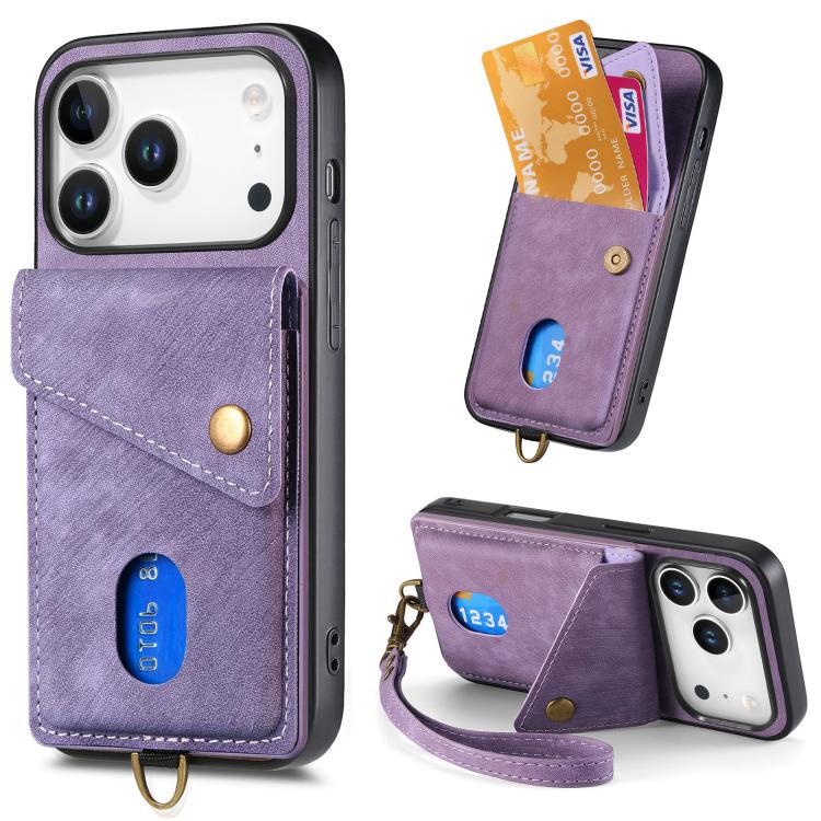 For iPhone 17 Pro Retro Card Wallet Fold Leather Phone Case with Strap(Purple)