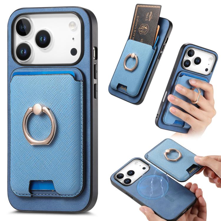 For iPhone 17 Pro Retro Cross Leather Card Bag MagSafe Phone Case(Blue)