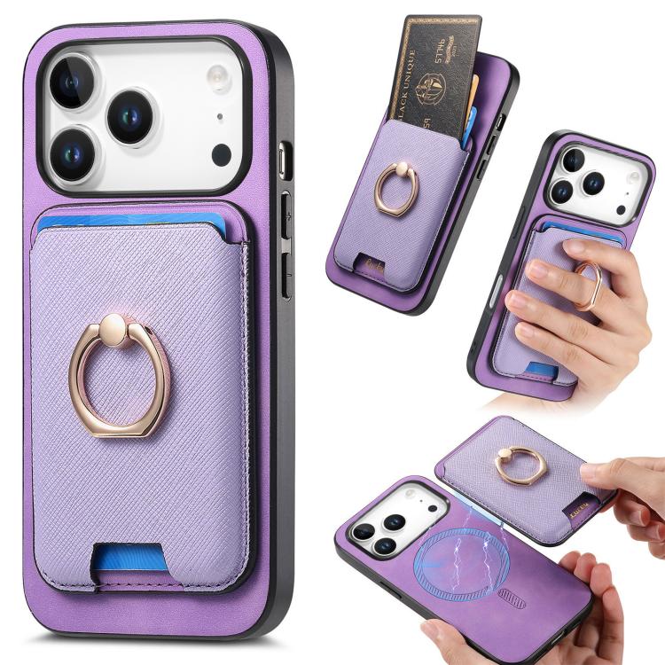 For iPhone 17 Pro Retro Cross Leather Card Bag MagSafe Phone Case(Purple)