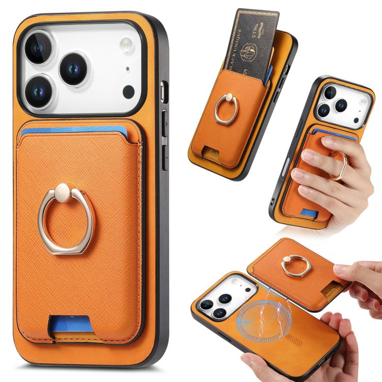 For iPhone 17 Pro Retro Cross Leather Card Bag MagSafe Phone Case(Yellow)