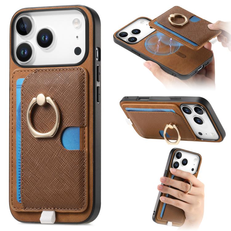 For iPhone 17 Pro Retro Cross Leather Ring Side Insert Card Bag MagSafe Phone Case(Brown)