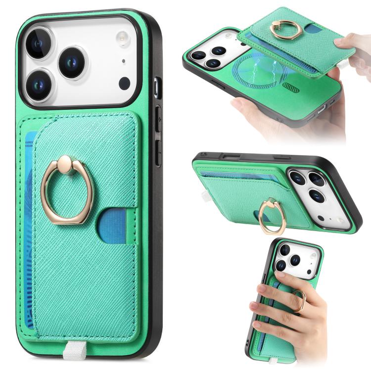 For iPhone 17 Pro Retro Cross Leather Ring Side Insert Card Bag MagSafe Phone Case(Green)