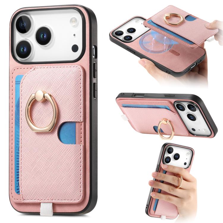 For iPhone 17 Pro Retro Cross Leather Ring Side Insert Card Bag MagSafe Phone Case(Pink)