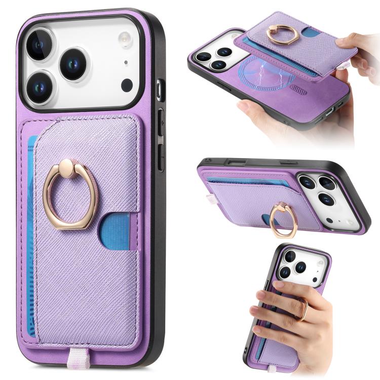 For iPhone 17 Pro Retro Cross Leather Ring Side Insert Card Bag MagSafe Phone Case(Purple)