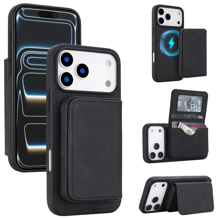 For iPhone 17 Pro Retro Faux Leather Detachable Magnetic Wallet Bag RFID Blocking Phone Case(Black)