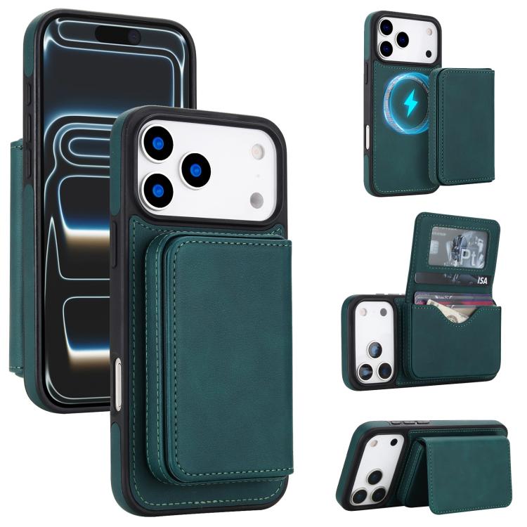 For iPhone 17 Pro Retro Faux Leather Detachable Magnetic Wallet Bag RFID Blocking Phone Case(Green)