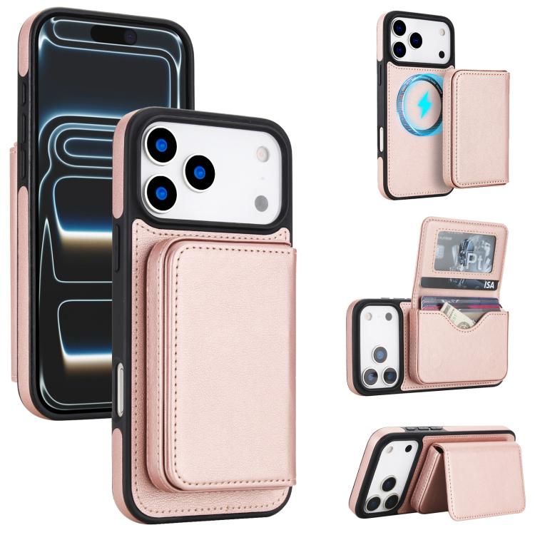 For iPhone 17 Pro Retro Faux Leather Detachable Magnetic Wallet Bag RFID Blocking Phone Case(Rose Gold)