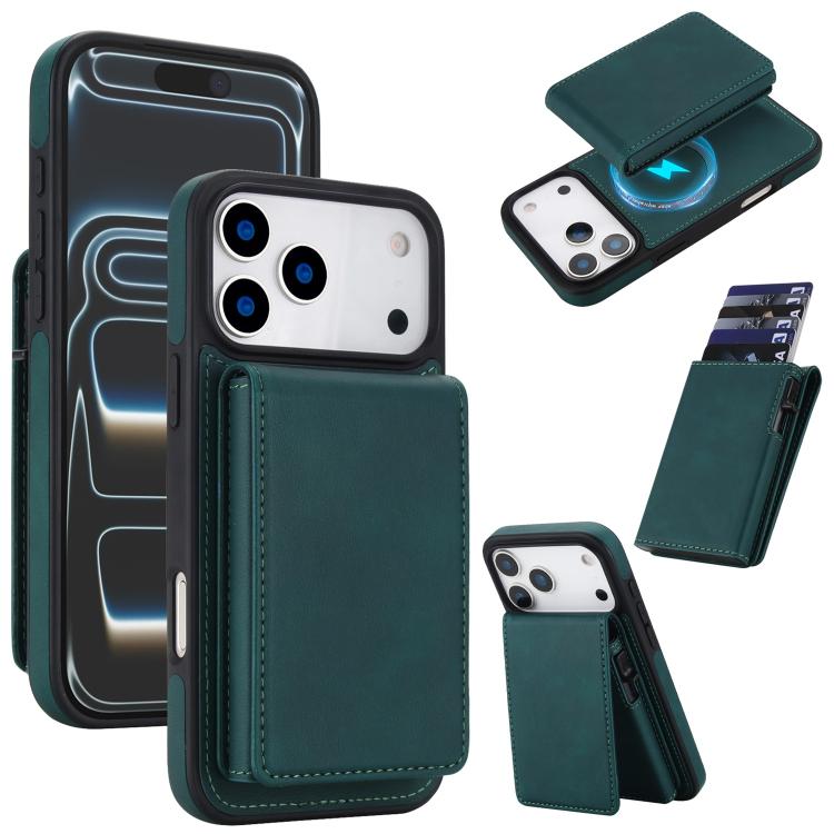 For iPhone 17 Pro Retro Faux Leather Detachable Spring Loaded Card Bag Magnetic RFID Phone Case(Green)