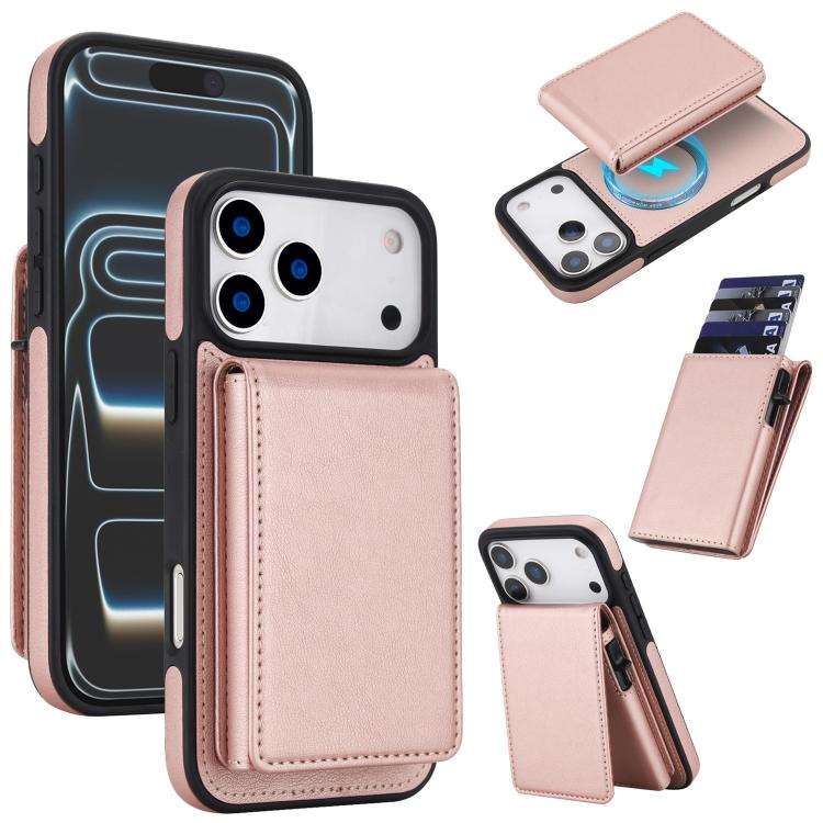 For iPhone 17 Pro Retro Faux Leather Detachable Spring Loaded Card Bag Magnetic RFID Phone Case(Rose Gold)