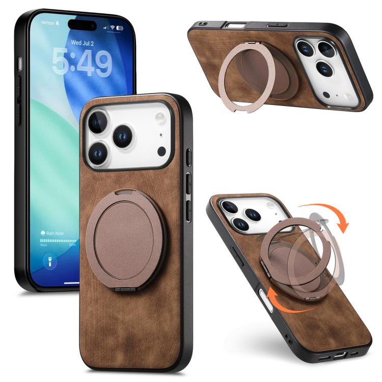 For iPhone 17 Pro Retro Leather Rotation Round Holder Phone Case(Brown)