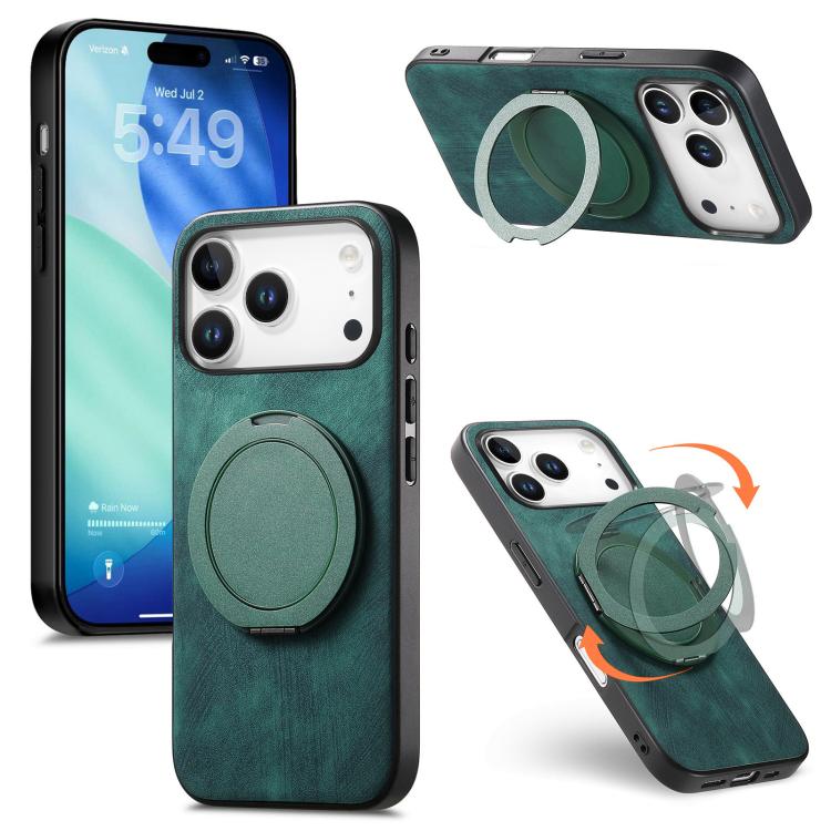 For iPhone 17 Pro Retro Leather Rotation Round Holder Phone Case(Green)