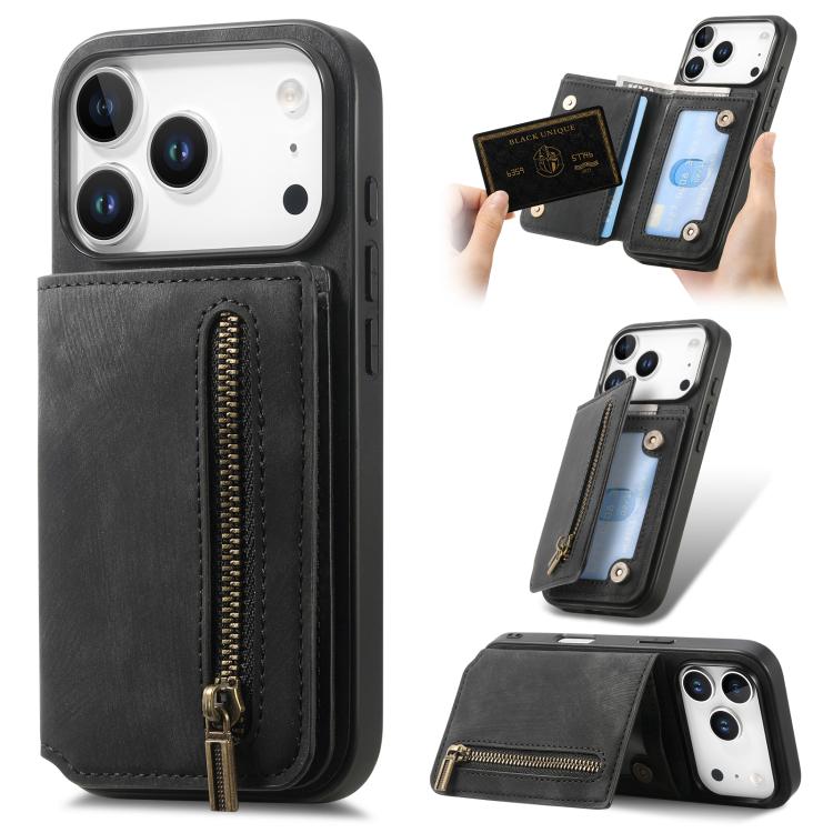 For iPhone 17 Pro Retro Leather Zipper Wallet Back Phone Case(Black)