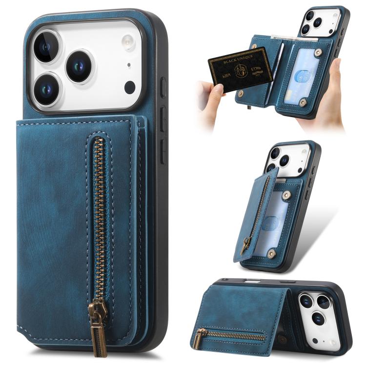 For iPhone 17 Pro Retro Leather Zipper Wallet Back Phone Case(Blue)