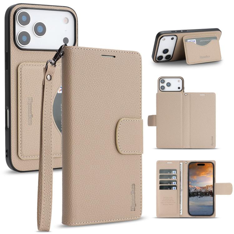For iPhone 17 Pro Retro Litchi Texture Vegan Leather Magnetic Wallet Phone Case with Wrist Strap(Apricot Yellow)