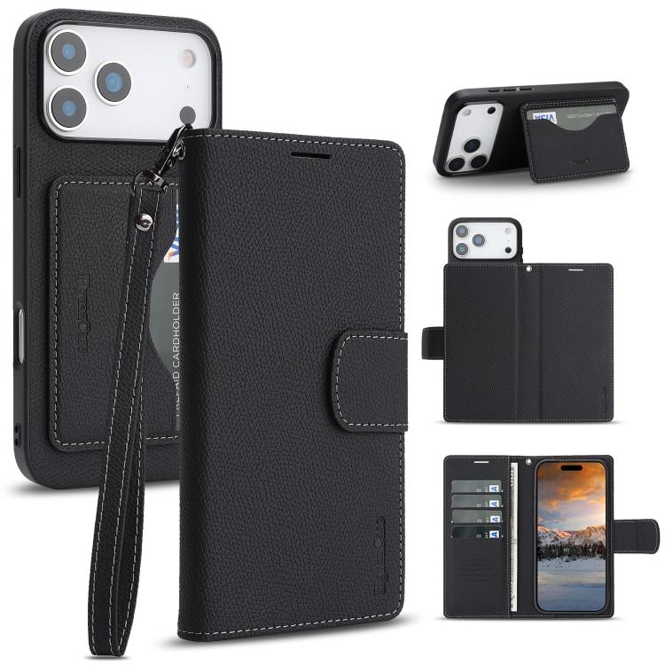 For iPhone 17 Pro Retro Litchi Texture Vegan Leather Magnetic Wallet Phone Case with Wrist Strap(Black)