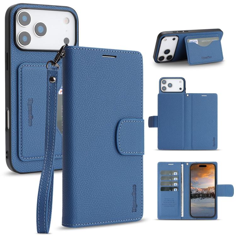 For iPhone 17 Pro Retro Litchi Texture Vegan Leather Magnetic Wallet Phone Case with Wrist Strap(Blue)