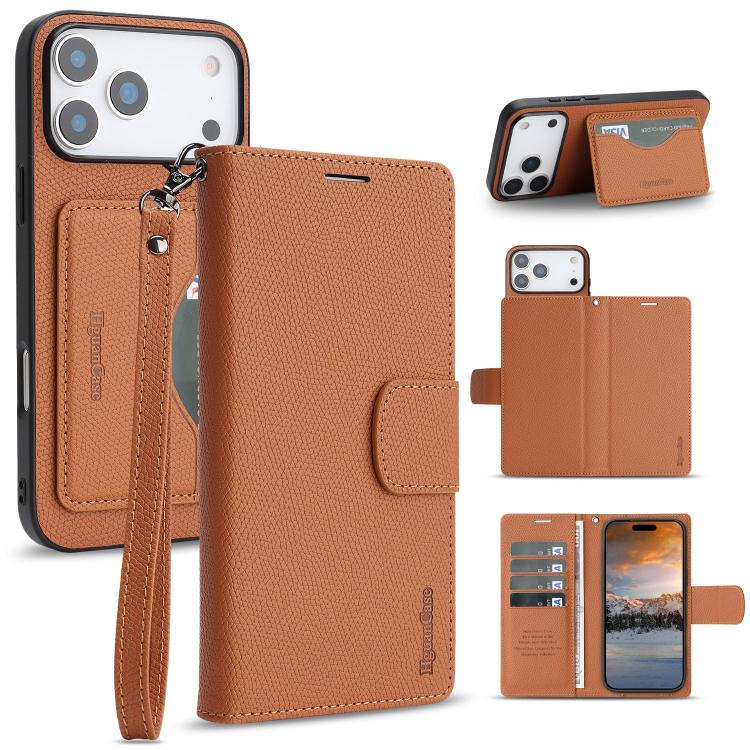 For iPhone 17 Pro Retro Litchi Texture Vegan Leather Magnetic Wallet Phone Case with Wrist Strap(Brown)