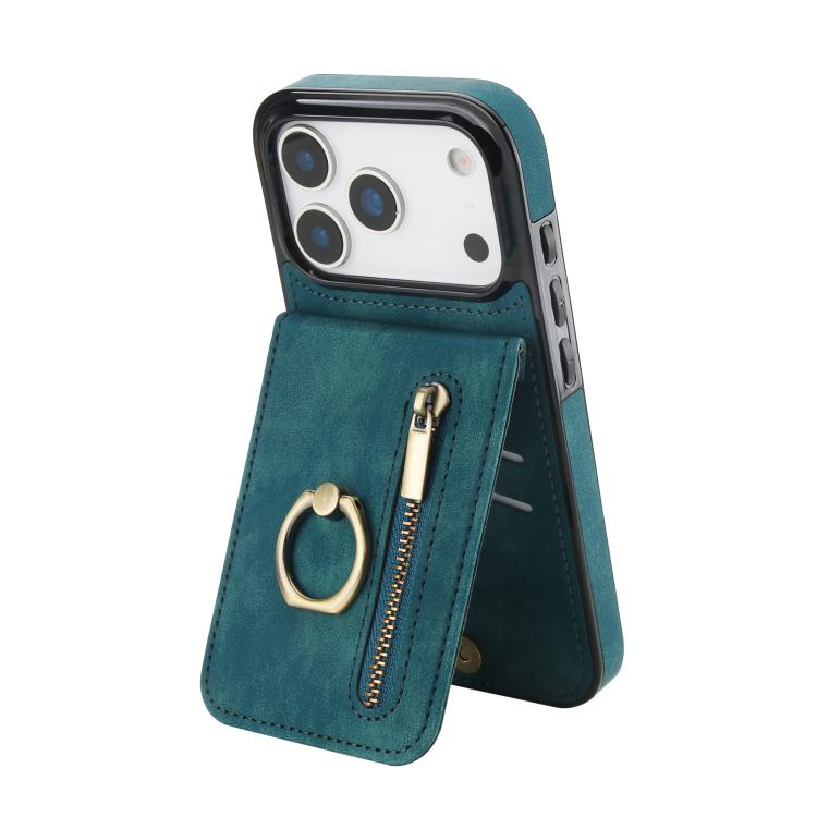 For iPhone 17 Pro Retro Ring and Zipper RFID Card Slot Phone Case(Blue)