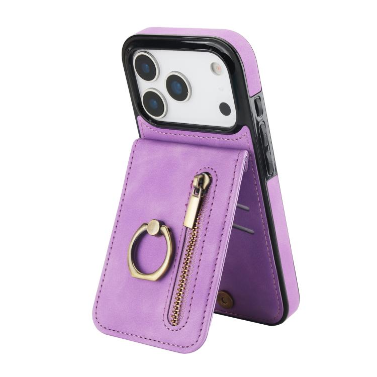 For iPhone 17 Pro Retro Ring and Zipper RFID Card Slot Phone Case(Purple)