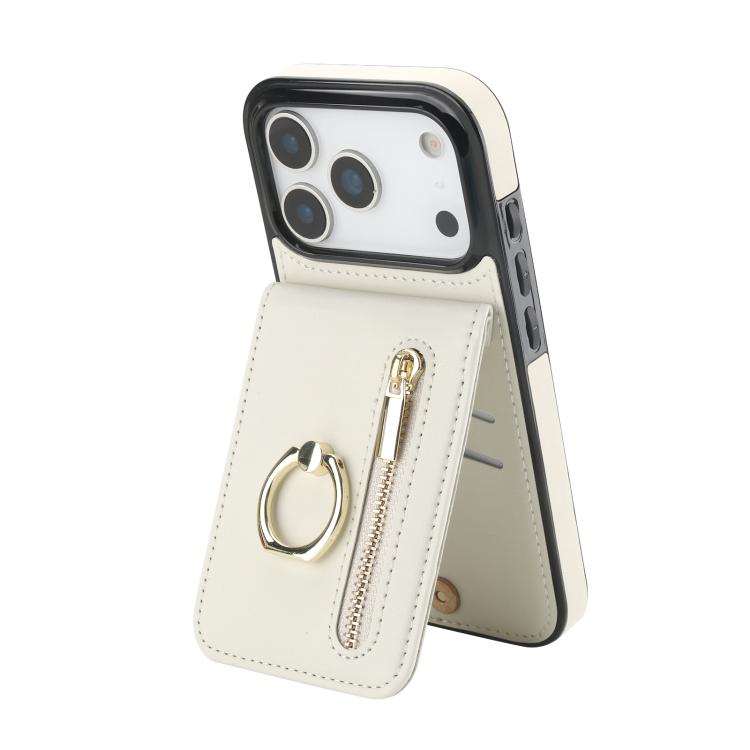 For iPhone 17 Pro Retro Ring and Zipper RFID Card Slot Phone Case(White)
