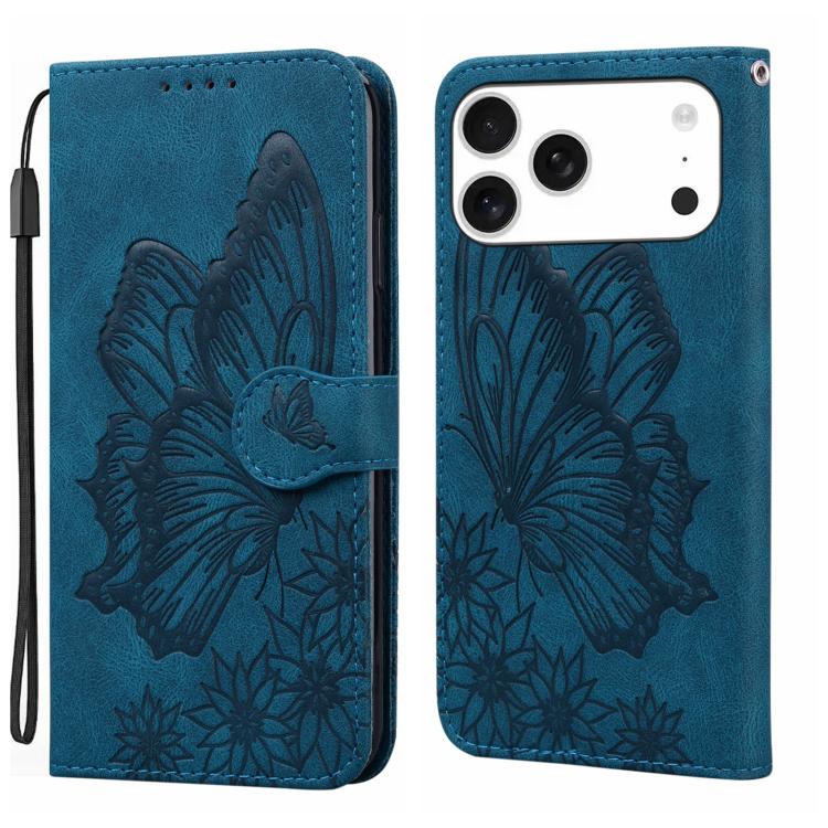 For iPhone 17 Pro Retro Skin Feel Butterflies Embossing Horizontal Flip Leather Phone Case(Blue)