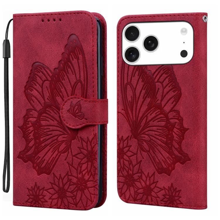 For iPhone 17 Pro Retro Skin Feel Butterflies Embossing Horizontal Flip Leather Phone Case(Red)
