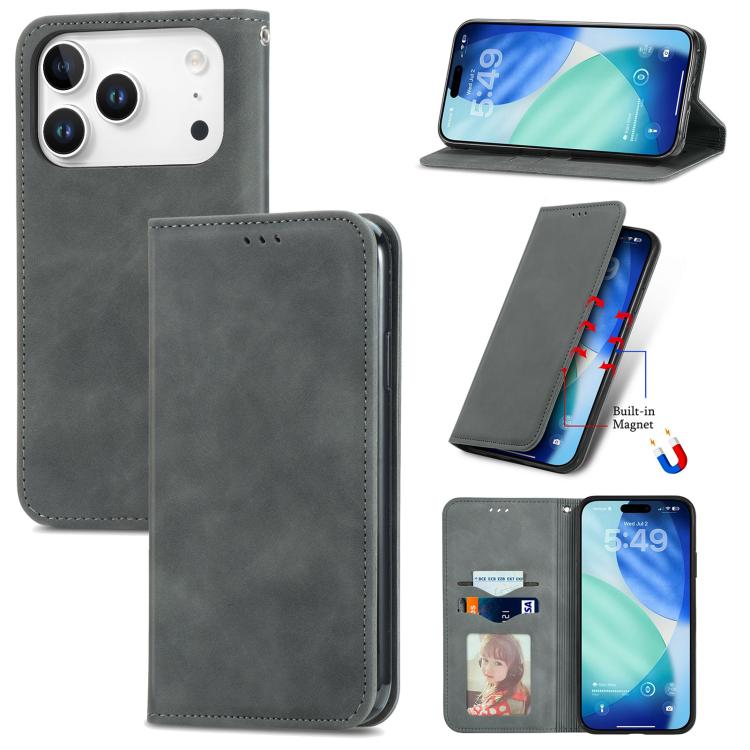 For iPhone 17 Pro Retro Skin Feel Magnetic Flip Leather Phone Case(Gray)
