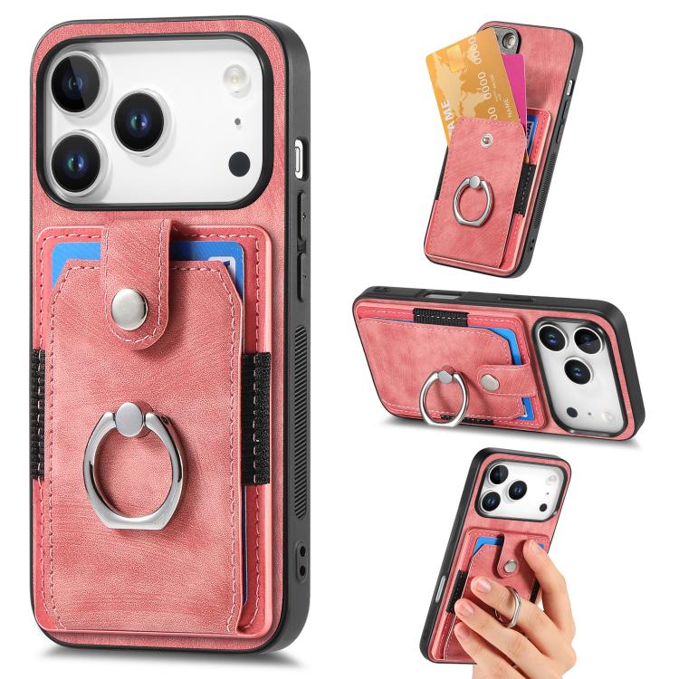 For iPhone 17 Pro Retro Skin-feel Ring Card Wallet Phone Case(Pink)