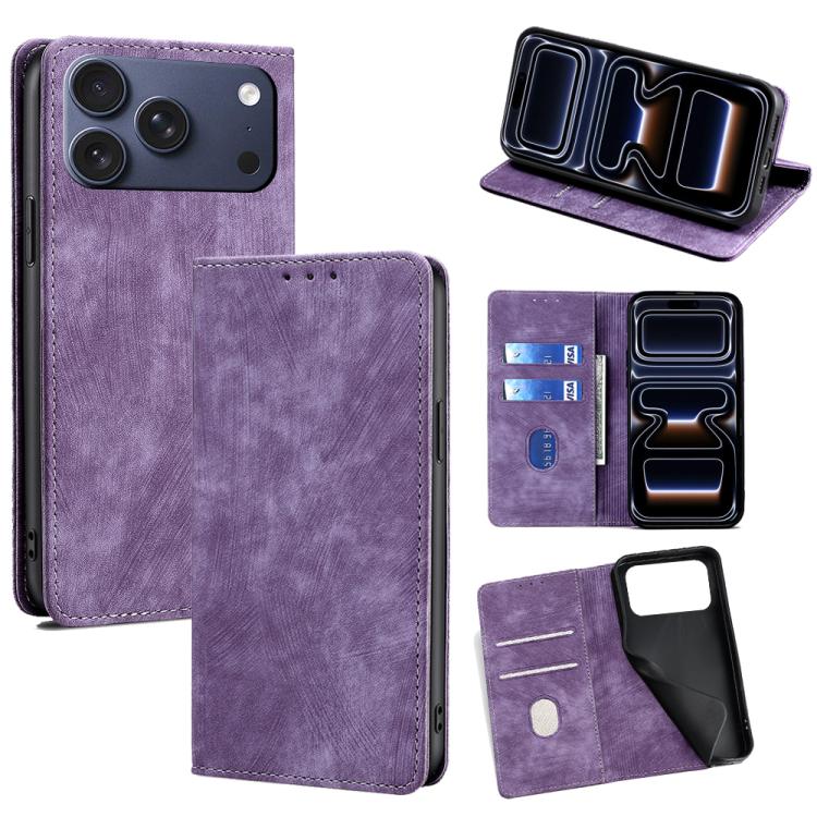 For iPhone 17 Pro RFID Anti-theft Brush Magnetic Leather Phone Case(Purple)