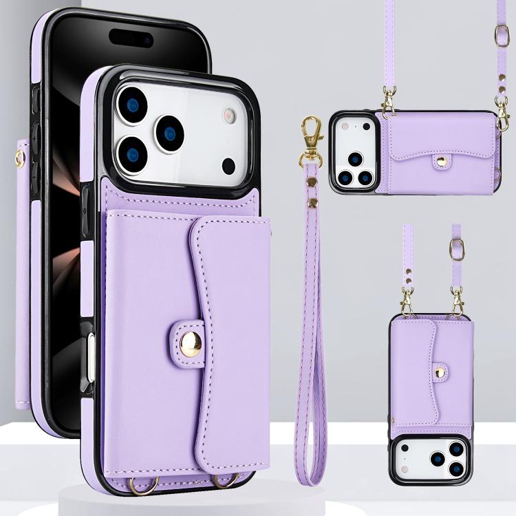 For iPhone 17 Pro RFID Card Slot Phone Case with Long Lanyard(Purple)