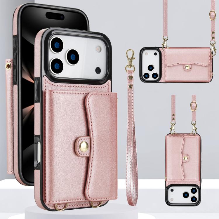 For iPhone 17 Pro RFID Card Slot Phone Case with Long Lanyard(Rose Gold)