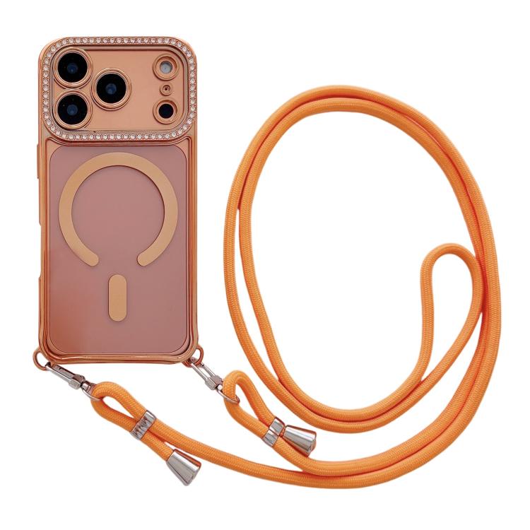 For iPhone 17 Pro Rhinestone Clear Acrylic Electroplated Magnetic Phone Case with Neck Lanyard(Orange)
