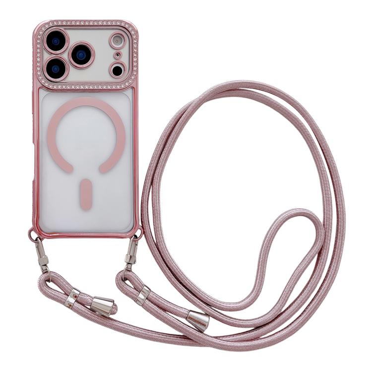 For iPhone 17 Pro Rhinestone Clear Acrylic Electroplated Magnetic Phone Case with Neck Lanyard(Pink)