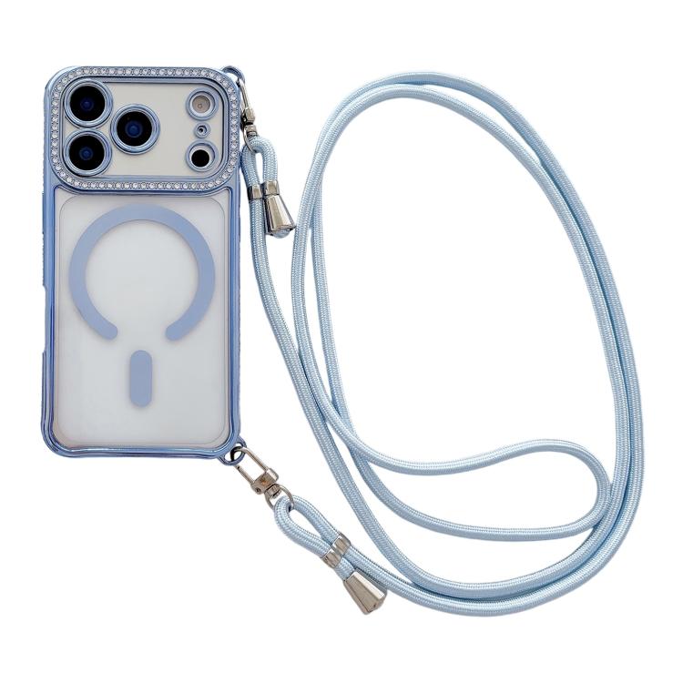 For iPhone 17 Pro Rhinestone Clear Acrylic Electroplated Magnetic Phone Case with Right-Side Crossbody Lanyard(Blue)