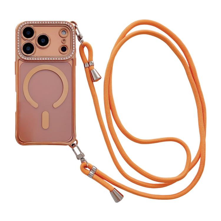 For iPhone 17 Pro Rhinestone Clear Acrylic Electroplated Magnetic Phone Case with Right-Side Crossbody Lanyard(Orange)