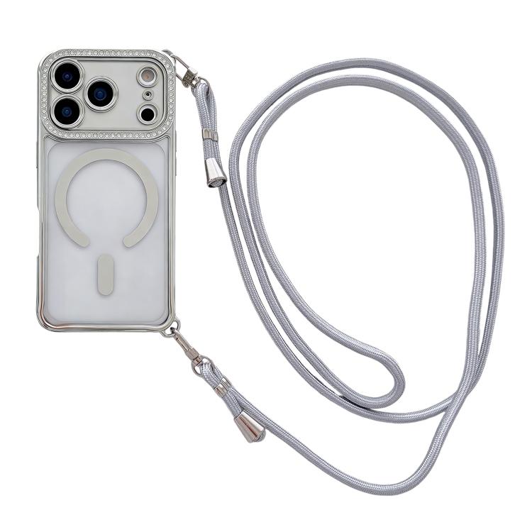 For iPhone 17 Pro Rhinestone Clear Acrylic Electroplated Magnetic Phone Case with Right-Side Crossbody Lanyard(Silver)