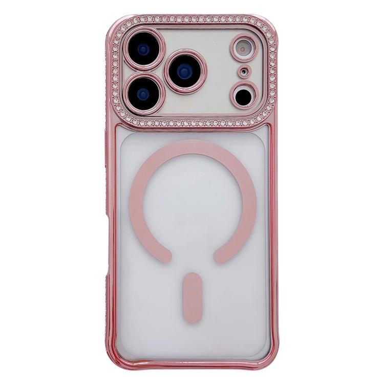 For iPhone 17 Pro Rhinestone Clear Acrylic Electroplated Magnetic Phone Case(Pink)